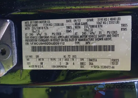 2013 Ford Escape Sel из США, поврежденный, VIN 1FMCU9H92DUB09112